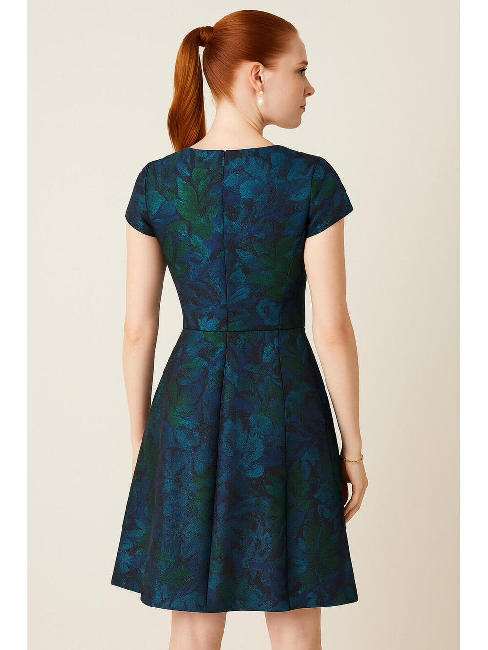 Badgley Mischka Blue Green Metallic Floral Brocade Fit Flare Dress Cap Sleeve *4 - Picture 4 of 5
